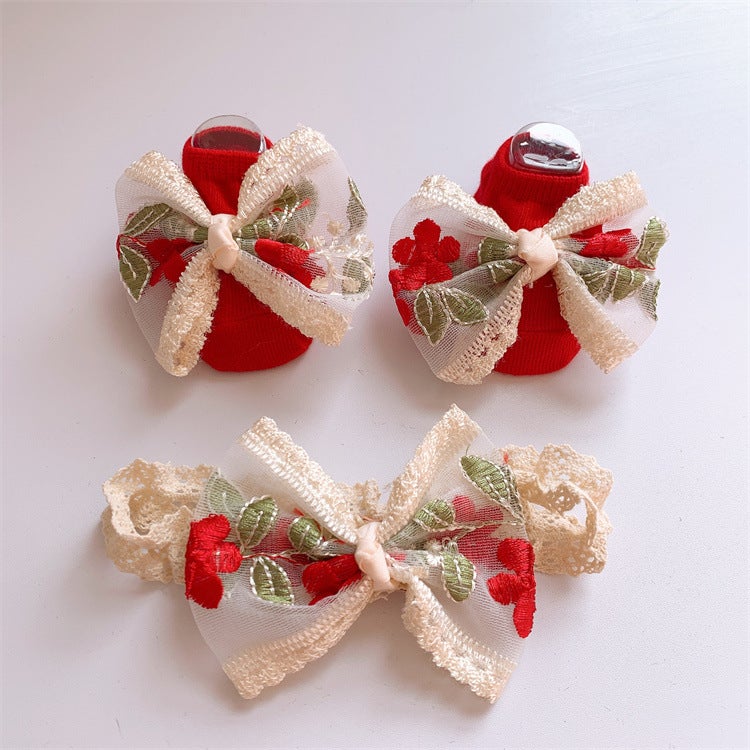 Generic Baby Princess Headband Socks Set Gift Red/Embroidered bow (bag) 