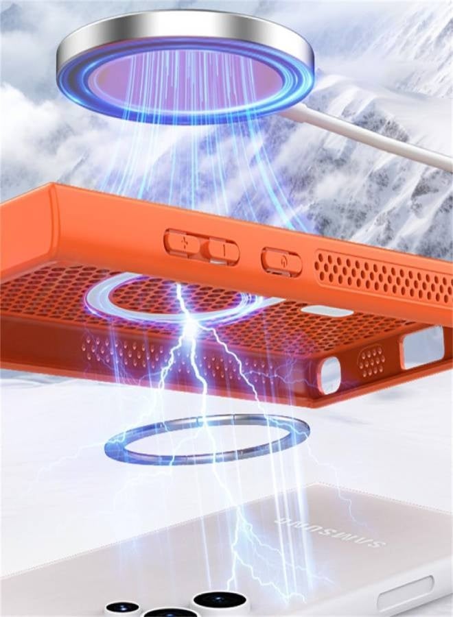 AROAQ Luxury Magnetic Mesh Heat Dissipation Phone Case for Samsung Galaxy S25 S24 S23 S22 Ultra Plus S 24 23 22 S24Ultra Anti-Drop Cooling Phone Cases, For Magsafe Charge Cover (Orange) - Image 2
