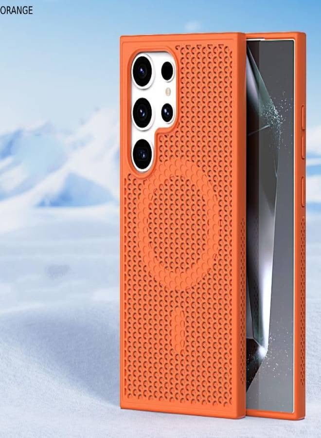 AROAQ Luxury Magnetic Mesh Heat Dissipation Phone Case for Samsung Galaxy S25 S24 S23 S22 Ultra Plus S 24 23 22 S24Ultra Anti-Drop Cooling Phone Cases, For Magsafe Charge Cover (Orange) - Image 1