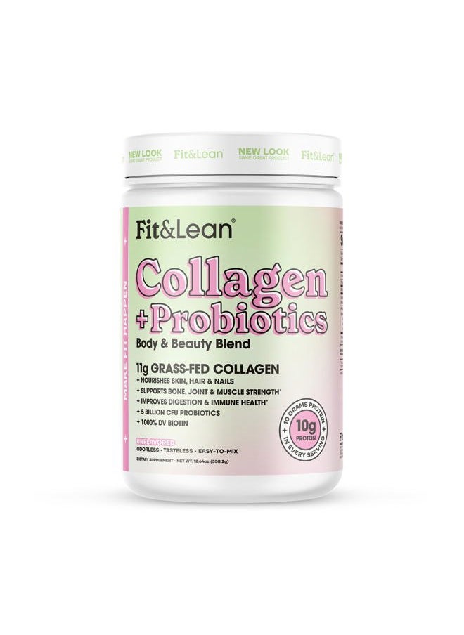 Fit & Lean - Collagen + Probiotics- Grass-fed Collagen Peptide Powder, Unflavored, 12.64oz - Image 1
