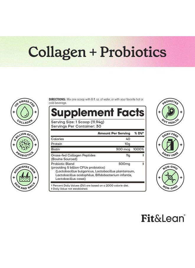 Fit & Lean - Collagen + Probiotics- Grass-fed Collagen Peptide Powder, Unflavored, 12.64oz - Image 1