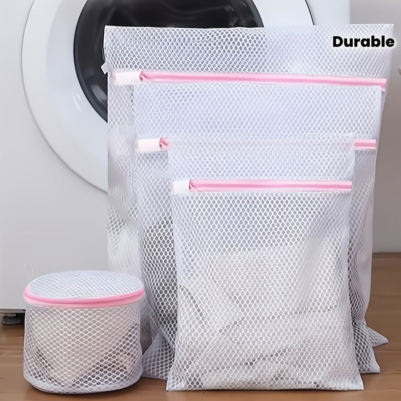 Set Of 6 White Mesh Laundry Bags With Pink Zippers For Washing Delicate Garments Underwear And Clothing - Image 1