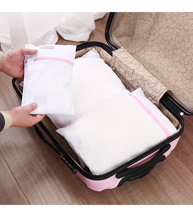 Set Of 6 White Mesh Laundry Bags With Pink Zippers For Washing Delicate Garments Underwear And Clothing - Image 5