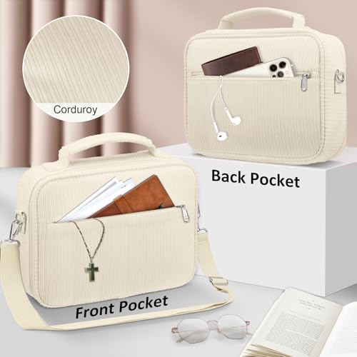FINPAC Large Bible Cover wShoulder Strap Carrying Book Case Church Bag Bible Protective wPen Slots and Zippered Pocket Gift for Women Lady Corduroy Beige - Image 3