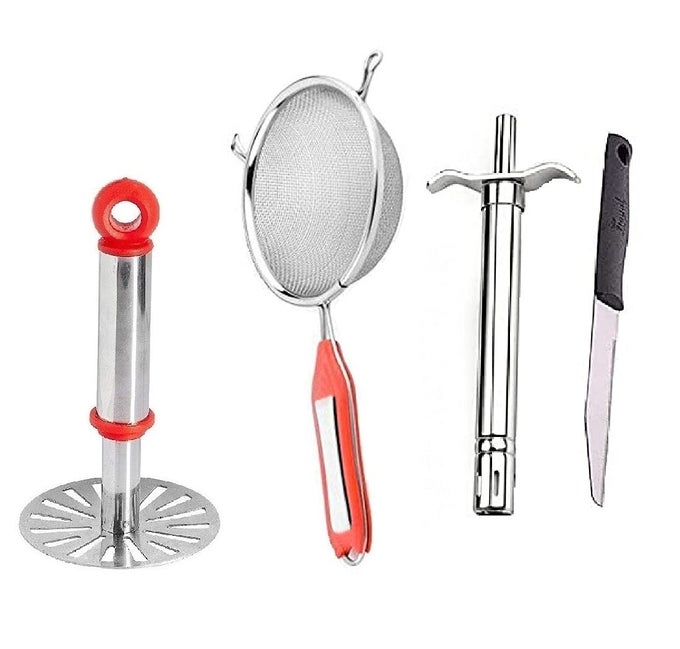 COMBO OF POTATO VEGETABLES PAV BHAJI MASHER WITH STAINLESS STEEL SOUP STRAINER LIGHTER KNIFE SET