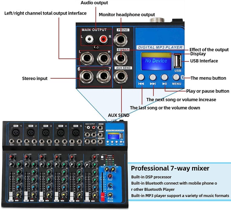 K-H HT7 Bluetooth Portable Audio Mixer w/USB DJ Sound Mixing Console MP3 Jack 48V Power for Computer Recording, 7-Channel Bands Mixing Boards For Studio Recording (7-Channel) - Image 3