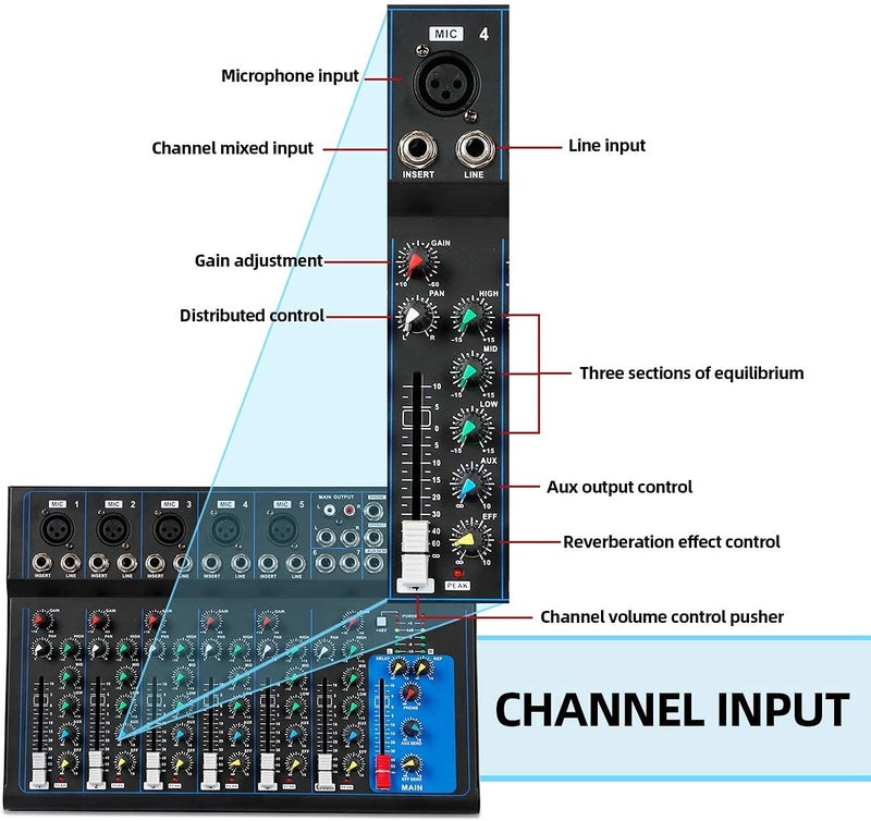 K-H HT7 Bluetooth Portable Audio Mixer w/USB DJ Sound Mixing Console MP3 Jack 48V Power for Computer Recording, 7-Channel Bands Mixing Boards For Studio Recording (7-Channel) - Image 5