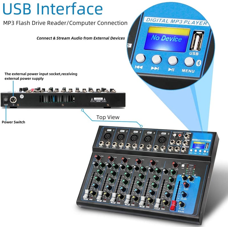 K-H HT7 Bluetooth Portable Audio Mixer w/USB DJ Sound Mixing Console MP3 Jack 48V Power for Computer Recording, 7-Channel Bands Mixing Boards For Studio Recording (7-Channel) - Image 2