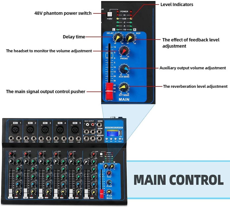 K-H HT7 Bluetooth Portable Audio Mixer w/USB DJ Sound Mixing Console MP3 Jack 48V Power for Computer Recording, 7-Channel Bands Mixing Boards For Studio Recording (7-Channel) - Image 4