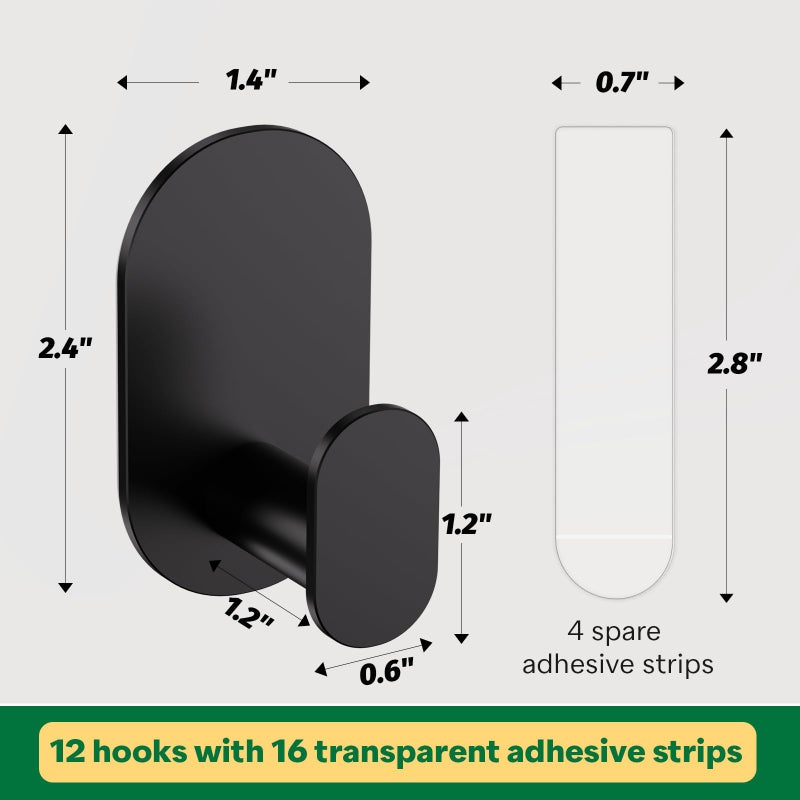 Aikzik 12 Pcs Towel Hooks with 16 Removable Strips, Black Hooks for Walls No Damage, Adhesive Wall Hooks for Bathroom, Kitchen, Shower Hooks for Inside Shower, Stainless Steel Sticky Hooks for Hanging - Image 2