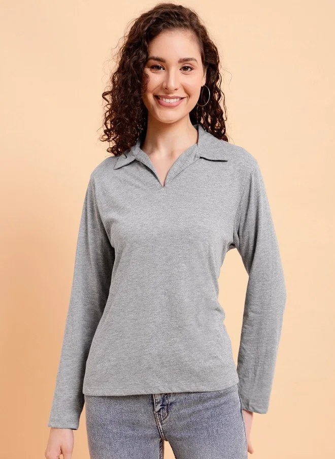 MINT STREET Grey Polo Collar Cotton T-Shirt for Women