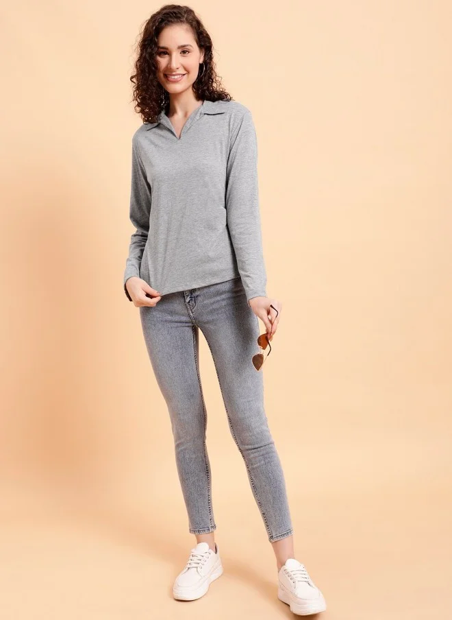 MINT STREET Grey Polo Collar Cotton T-Shirt for Women