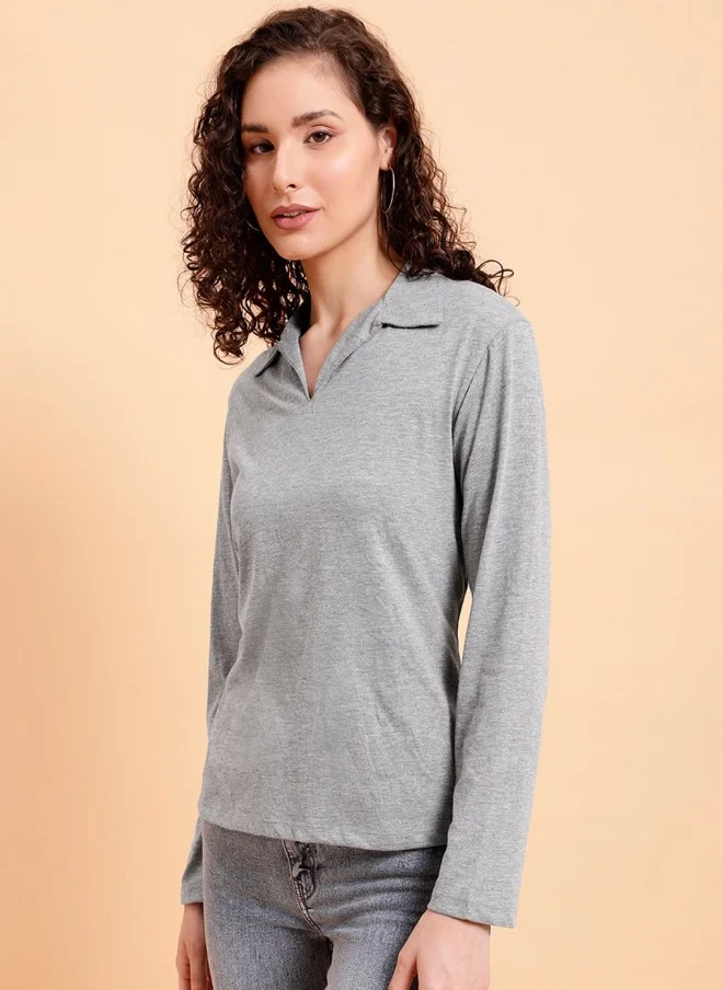 MINT STREET Grey Polo Collar Cotton T-Shirt for Women
