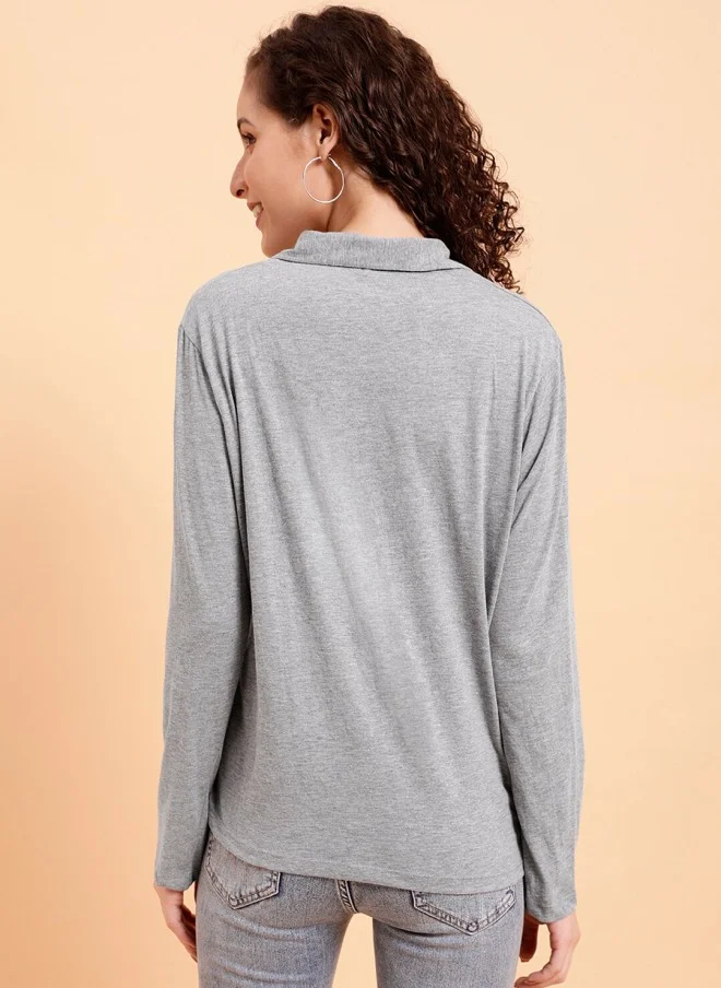 MINT STREET Grey Polo Collar Cotton T-Shirt for Women