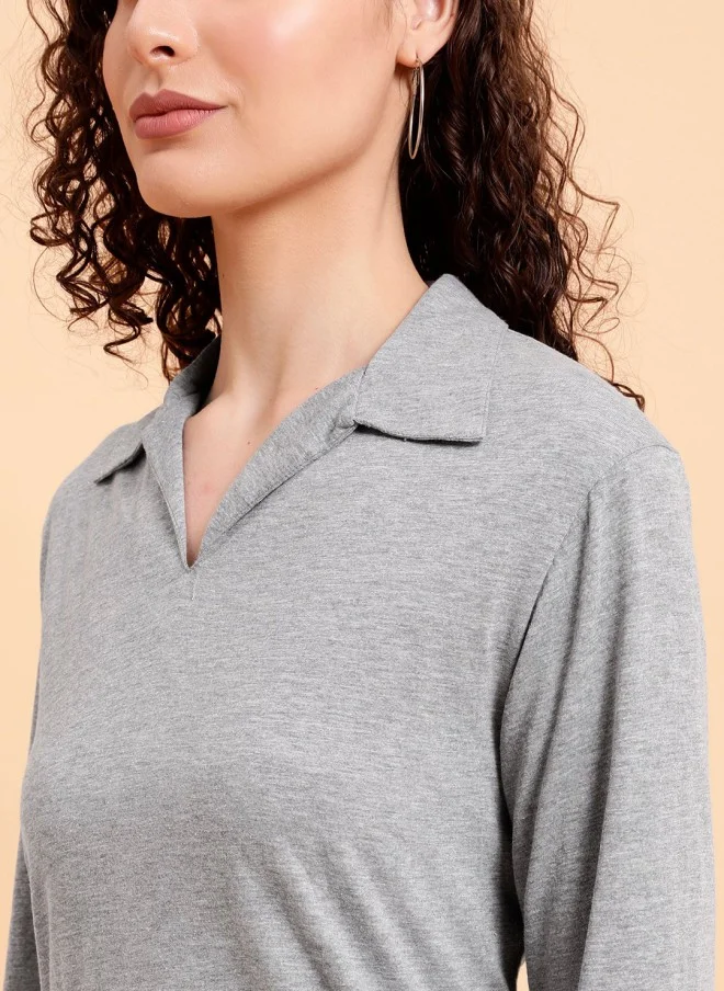 MINT STREET Grey Polo Collar Cotton T-Shirt for Women