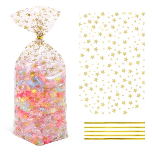 SOMIOCO Gold Star Flat Bottom Gusset Cellophane Bags 5X 11 IN 100 PCS Clear Cellophane Gift Bags Party Favor Bags Cello Cellophane Treat Goodie Bags for Party Favors Packaging Candy Cookies Popcorn - Image 1