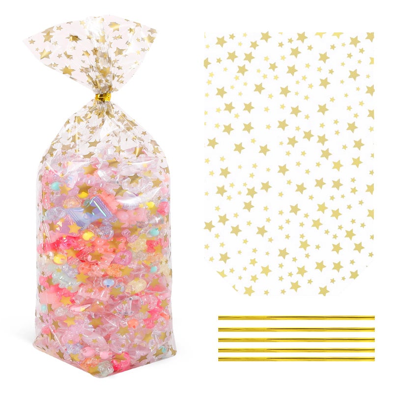 SOMIOCO Gold Star Flat Bottom Gusset Cellophane Bags 5X 11 IN 100 PCS Clear Cellophane Gift Bags Party Favor Bags Cello Cellophane Treat Goodie Bags for Party Favors Packaging Candy Cookies Popcorn - Image 2