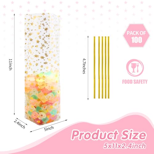 SOMIOCO Gold Star Flat Bottom Gusset Cellophane Bags 5X 11 IN 100 PCS Clear Cellophane Gift Bags Party Favor Bags Cello Cellophane Treat Goodie Bags for Party Favors Packaging Candy Cookies Popcorn - Image 3