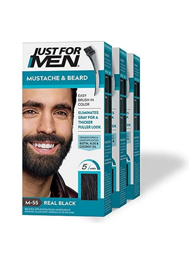 Just For Men صبغة الشارب واللحية للشعر الرمادي مع فرشاة متضمنة لسهولة الاستخدام مع البيوتين والصبار وزيت جوز الهند لشعر وجه صحي، عبوة من 3 قطع باللون الأسود الحقيقي M55، عدد 1  - Image 2