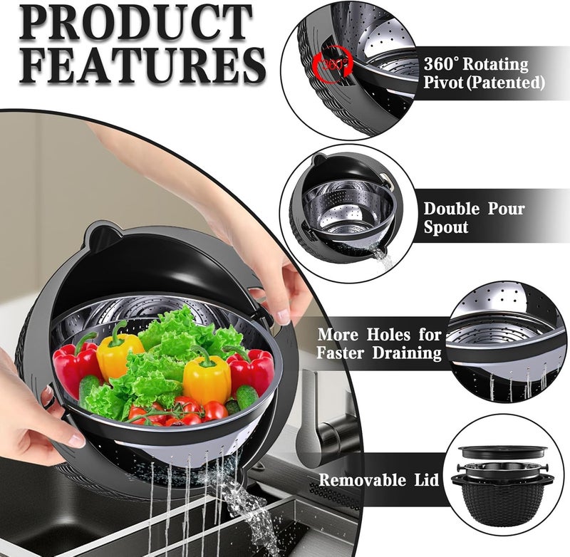 UTTKOJ مجموعة مصفاة 4 في 1 مع وعاء - مصفاة للمطبخ - مصافٍ ومصافٍ - مصفاة معكرونة - هدايا مضحكة للنساء - مصفاة أرز، منظف فواكه، غسيل خضروات، أدوات مطبخ أساسية، أسود - Image 3