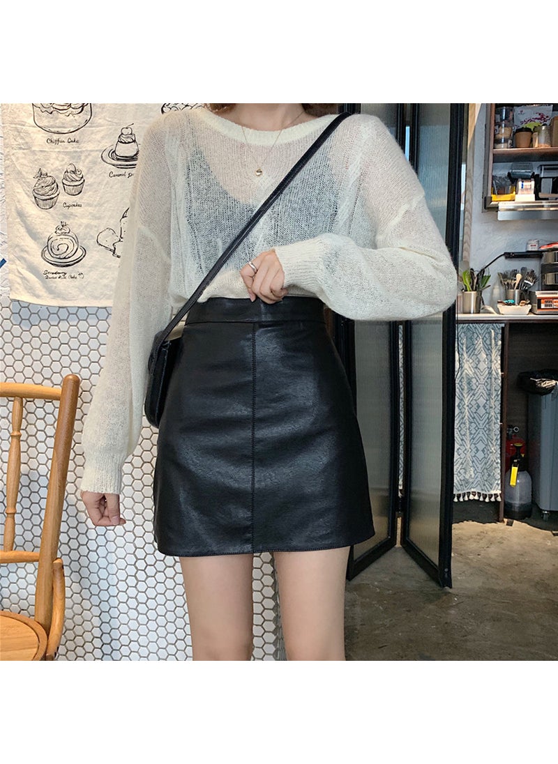 Generic - Womens Fashionable Elegant High-Waisted Slimming Leather Skirt For Autumn/Winter Slimming Packaged Buttock Green Apple Black lined, fashion tape - Image 1