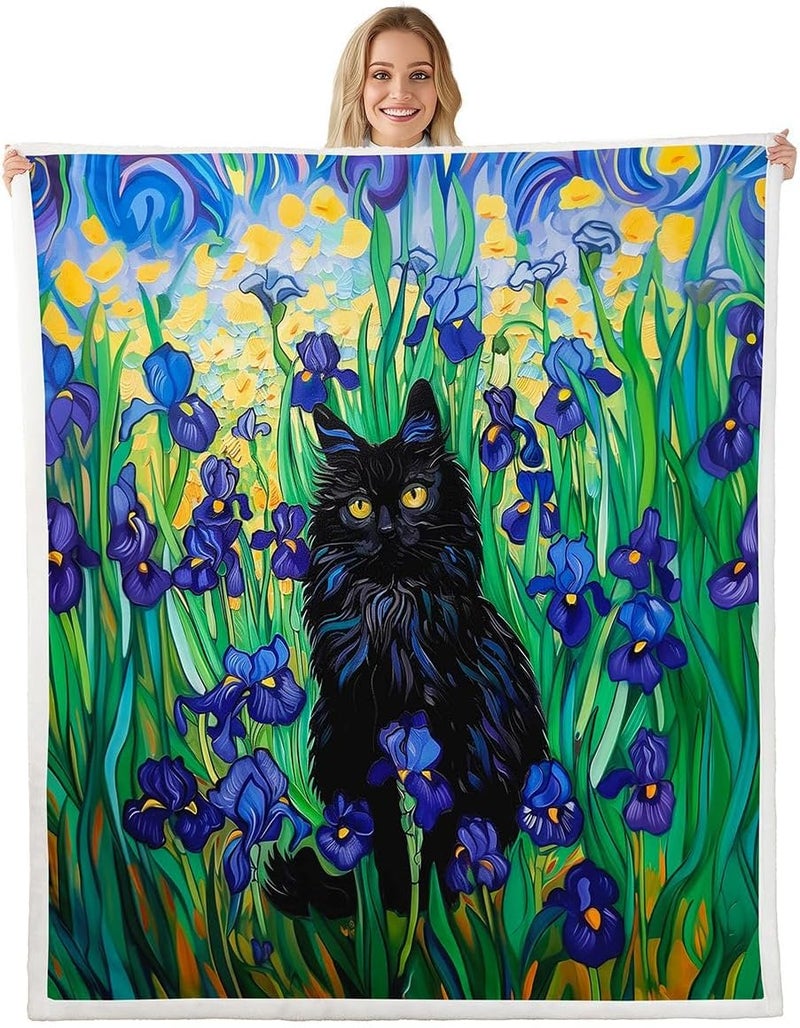 Erosebridal Black Cat Sherpa Blanket Botanical Flowers Plants Fuzzy Plush Throw Cute Pet Animal Fleece Blanket for Kids Boys Girls,Green Black Purple Decor for Bed Couch 40"x50" - Image 1