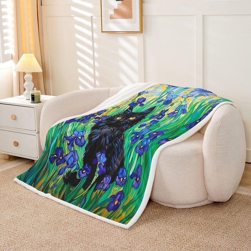 Erosebridal Black Cat Sherpa Blanket Botanical Flowers Plants Fuzzy Plush Throw Cute Pet Animal Fleece Blanket for Kids Boys Girls,Green Black Purple Decor for Bed Couch 40"x50" - Image 2