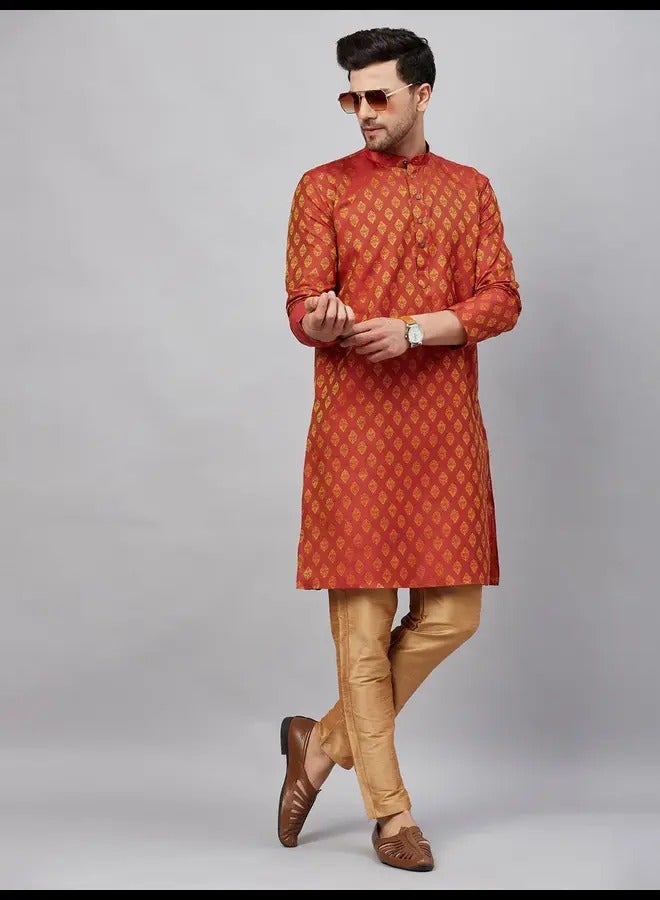 PRASHA Mens Red And Rose Gold Silk Blend Kurta Pyjama Set