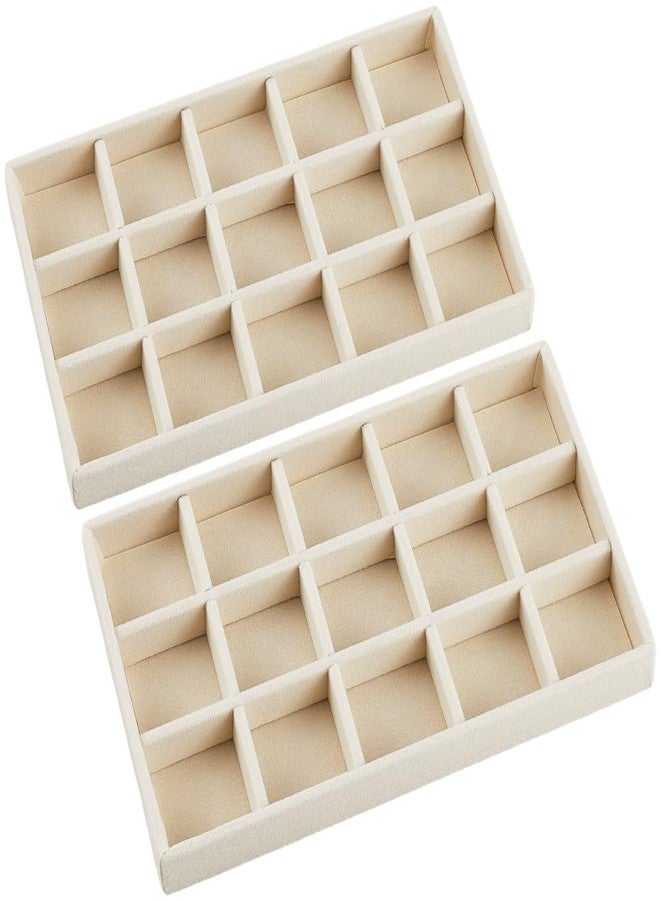 SOFPLATE 2Pcs 5 x 8.3 Inch Stackable Jewelry Trays Earring Holder Organizer Antique White 15 Grids Velvet Dresser Jewelry Drawer with Removable Divider for Bracelet Ring Watch Trinket Display Showcase - Image 1