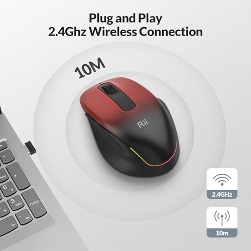 Rii Wireless Mouse Rechargeable, 2.4 GHz with USB Receiver, 1000/1200/1600 DPI, Ergonomic Grips, Silent Keys, Cordless Computer Mice for Laptop, PC, Desktop, Mac-Black&Red - Image 4