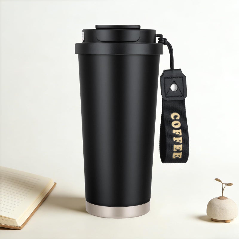 YCTMALL Black Insulated Leakproof 316 Stainless Steel Water Bottleï¼ŒCoffee Travel Mug with Straw And Flip Lidï¼ŒWith carrying rope,17.9oz large capacity For Office School Party Camping. - Image 1