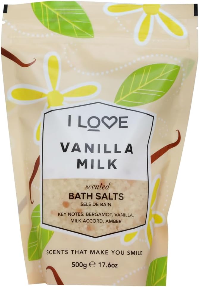 I Love Signature Vanilla Milk Scented Bath Salts with 99 Naturally Derived Ingredients Lightly Fragranced Leaving Skin Feeling Silky Smooth VeganFriendly 500g