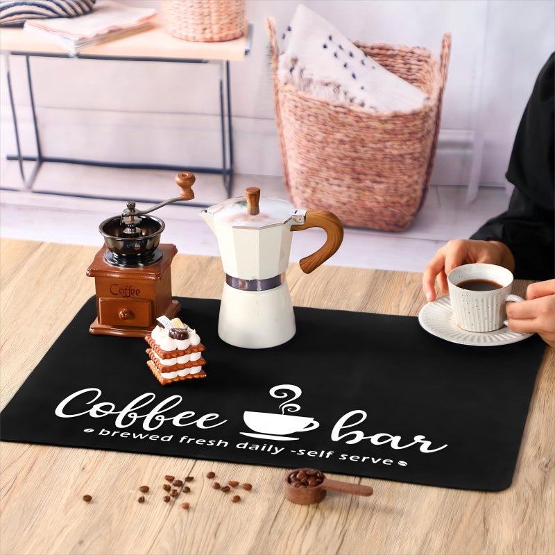 Queekay coffee bar mat 24" x 16" coffee mat for countertop coffee placemats coffee bar accessories coffee pot mat Hide Stain Rubber Backed Absorbent Dish Drying Mat(Black,Stylish Style) - Image 4