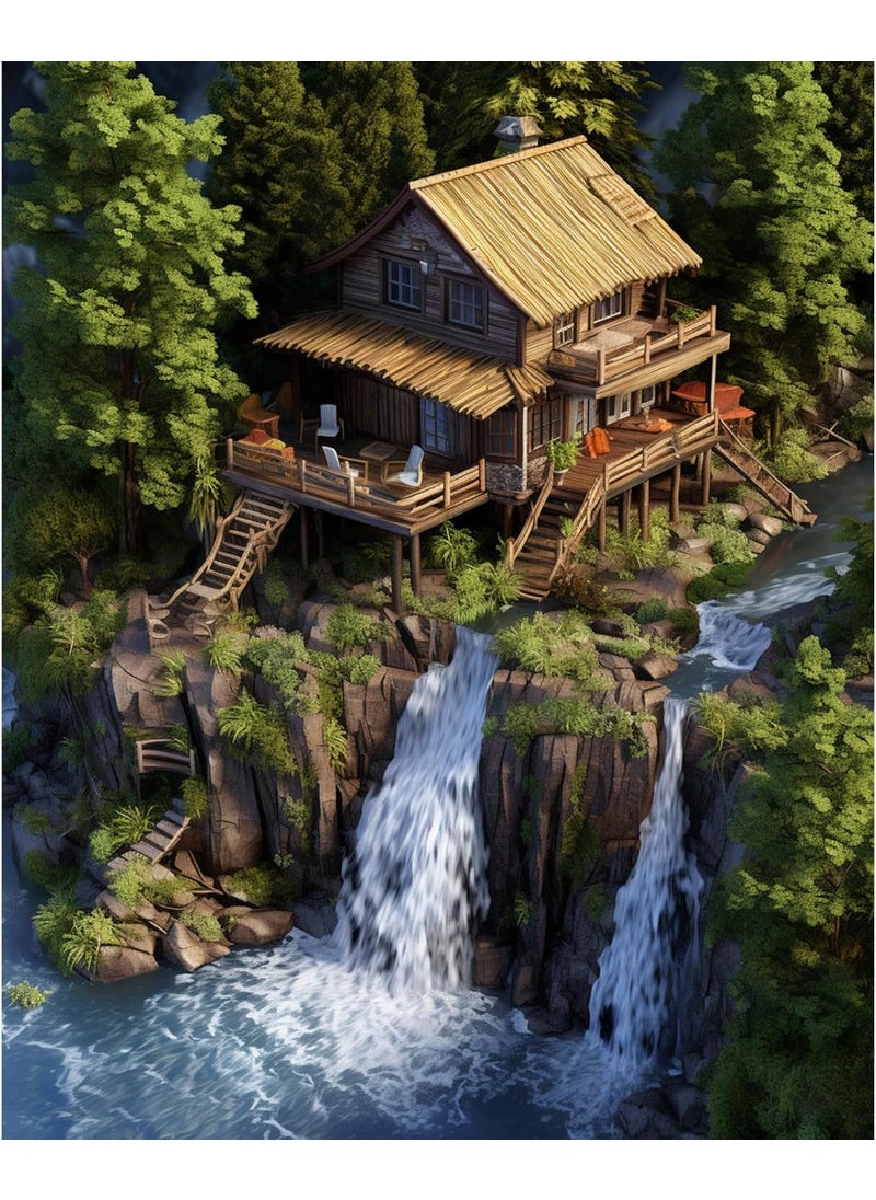 Tucocoo Forest Cabin and Waterfall Digital Painting Kits for Adults Kids Exquisite Huts Painting by Numbers Set of Assorted Color Oil Painting Kit and Brush Accessories 16x20 inch Canvas Good for Home Decor  - Image 1