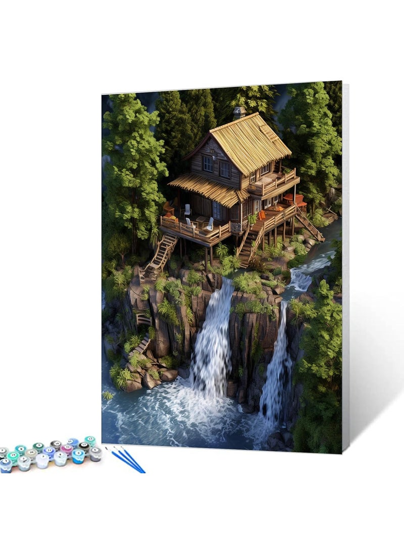 Tucocoo Forest Cabin and Waterfall Digital Painting Kits for Adults Kids Exquisite Huts Painting by Numbers Set of Assorted Color Oil Painting Kit and Brush Accessories 16x20 inch Canvas Good for Home Decor  - Image 2