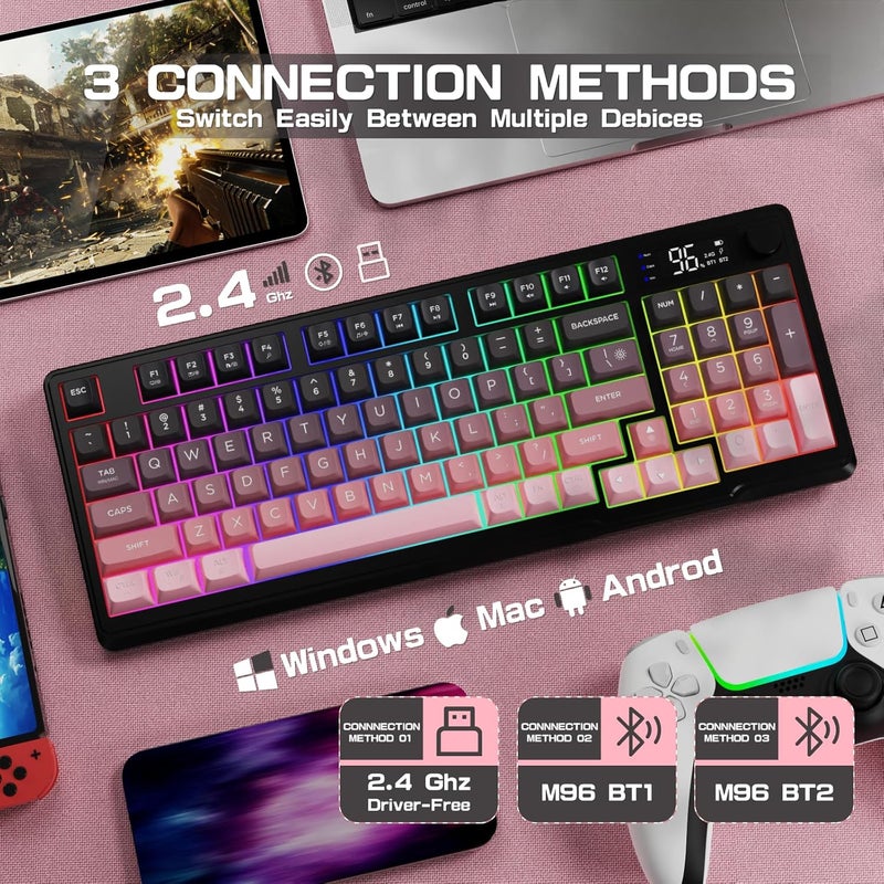 LexonElec M96 Dual Mode Wireless Gaming Keyboard with 2.4G and BT5.0, 94 Keys Membrane Semi-mechanical Gradient PBT Keycap with Smart Display and Button, Rainbow Backlit, 3000mAh for Mac/Win - Blackberry - Image 3