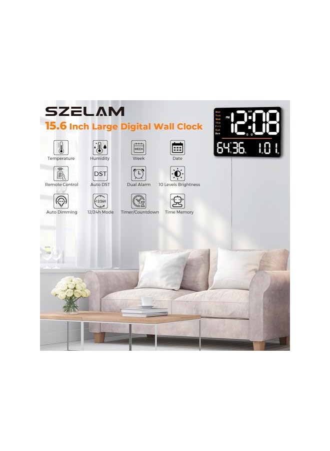 The Bros ساعة حائط رقمية كبيرة، مع جهاز تحكم عن بعد، شاشة LED كبيرة 15.6 بوصة، مع يوم/تاريخ/درجة حرارة/رطوبة، تخفيف تلقائي، مؤقت، لتزيين غرفة المعيشة/الصالة الرياضية/المتجر/المخزن/المكتب - Image 3