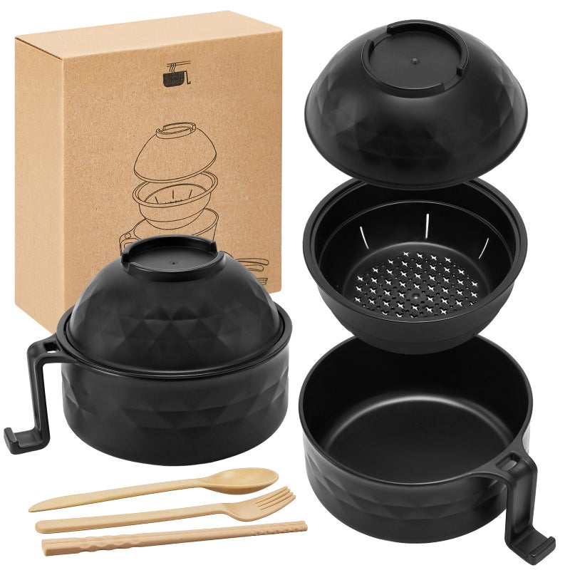 Romooa 1 Set Microwave Ramen Bowl Set 33 oz Wheat Straw Instant Ramen Cooker Set Portable Noodle Cooker with Handle Noodle Bowl with Spoon Chopsticks Fork College Dorm Room (Black) - Image 1