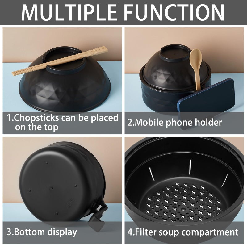 Romooa 1 Set Microwave Ramen Bowl Set 33 oz Wheat Straw Instant Ramen Cooker Set Portable Noodle Cooker with Handle Noodle Bowl with Spoon Chopsticks Fork College Dorm Room (Black) - Image 3