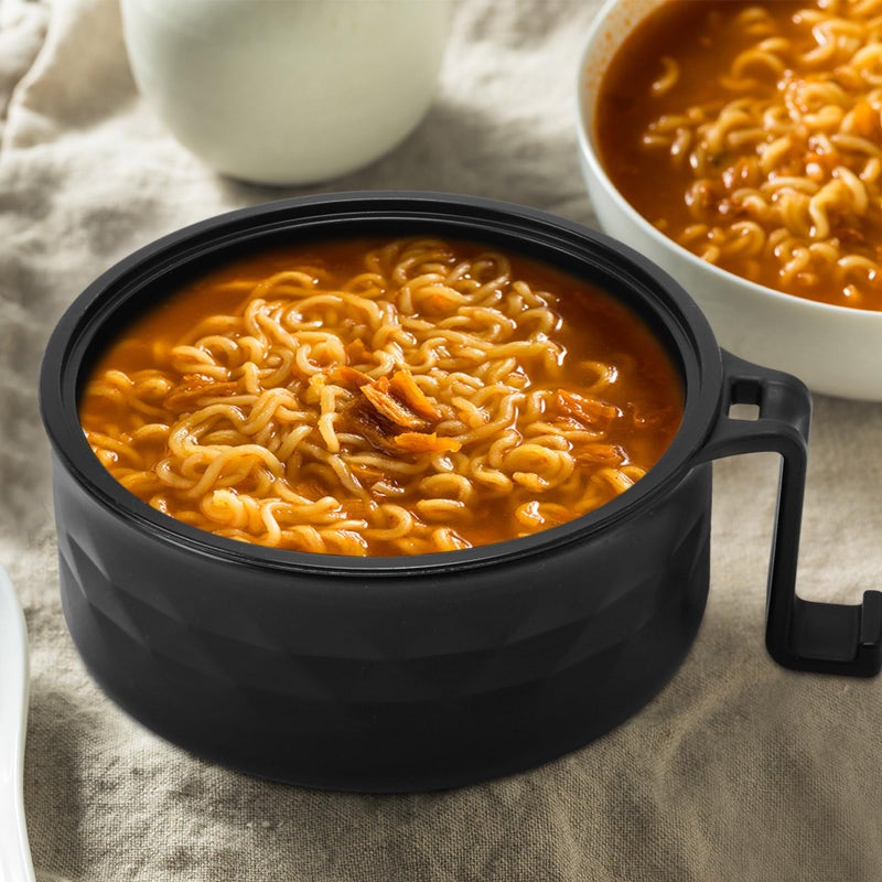 Romooa 1 Set Microwave Ramen Bowl Set 33 oz Wheat Straw Instant Ramen Cooker Set Portable Noodle Cooker with Handle Noodle Bowl with Spoon Chopsticks Fork College Dorm Room (Black) - Image 5