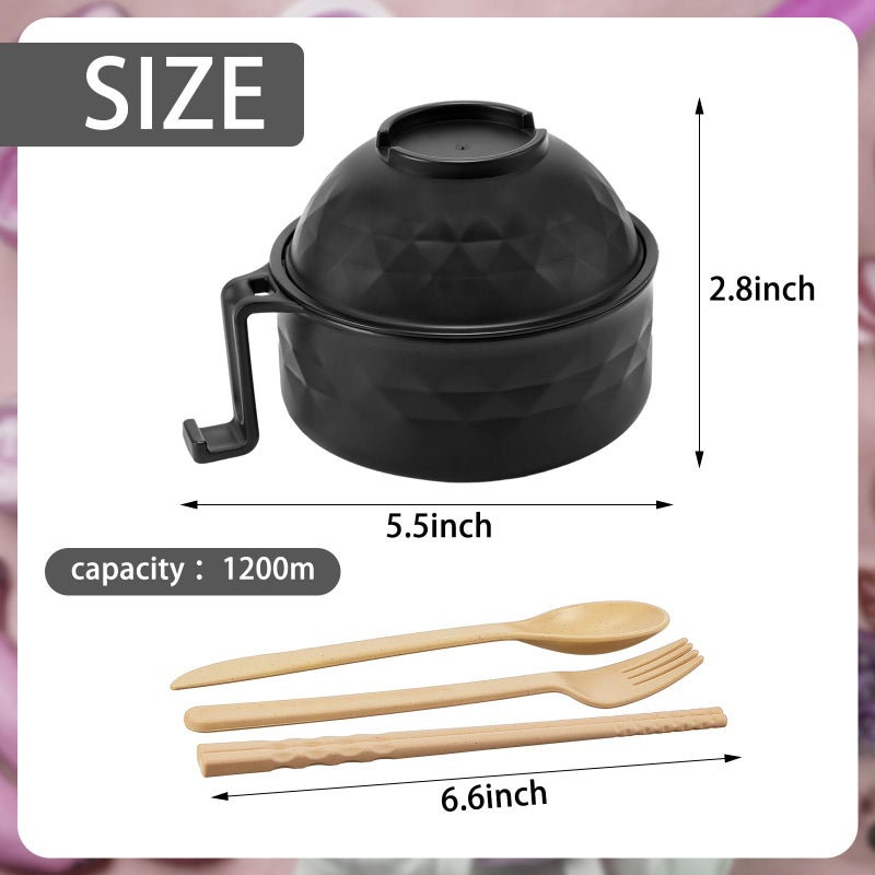 Romooa 1 Set Microwave Ramen Bowl Set 33 oz Wheat Straw Instant Ramen Cooker Set Portable Noodle Cooker with Handle Noodle Bowl with Spoon Chopsticks Fork College Dorm Room (Black) - Image 2