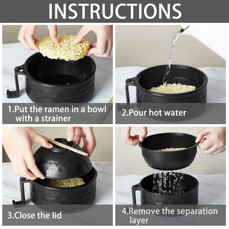 Romooa 1 Set Microwave Ramen Bowl Set 33 oz Wheat Straw Instant Ramen Cooker Set Portable Noodle Cooker with Handle Noodle Bowl with Spoon Chopsticks Fork College Dorm Room (Black) - Image 4