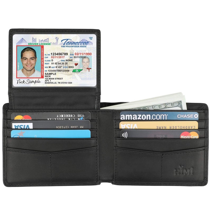 HIMI محفظة HIMI للرجال - جلد طبيعي مع حجب RFID - محفظة أنيقة قابلة للطي مع نافذتين للهوية (أسود عتيق) - Image 4
