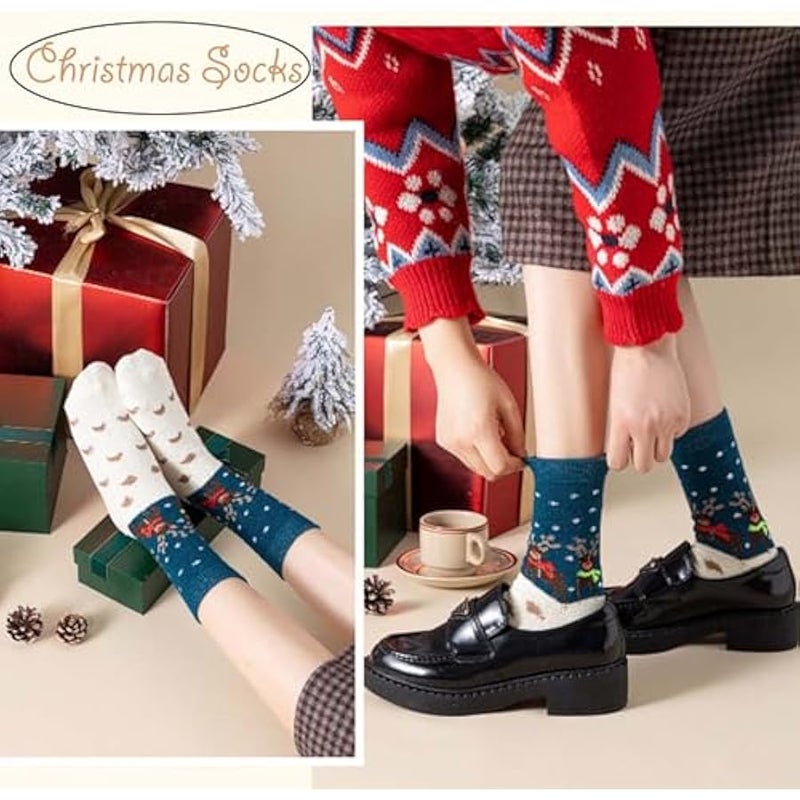 إسكدنيا جوارب الكريسماس 5 ازواج هدايا الكريسماس للنساء والرجال، جوارب قطنية ملونة منقوشة بنمط ندفة الثلج، جوارب ناعمة فاخرة للكريسماس والشتاء والكريسماس مع صندوق هدايا - Image 3