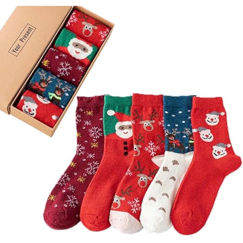 إسكدنيا جوارب الكريسماس 5 ازواج هدايا الكريسماس للنساء والرجال، جوارب قطنية ملونة منقوشة بنمط ندفة الثلج، جوارب ناعمة فاخرة للكريسماس والشتاء والكريسماس مع صندوق هدايا - Image 1