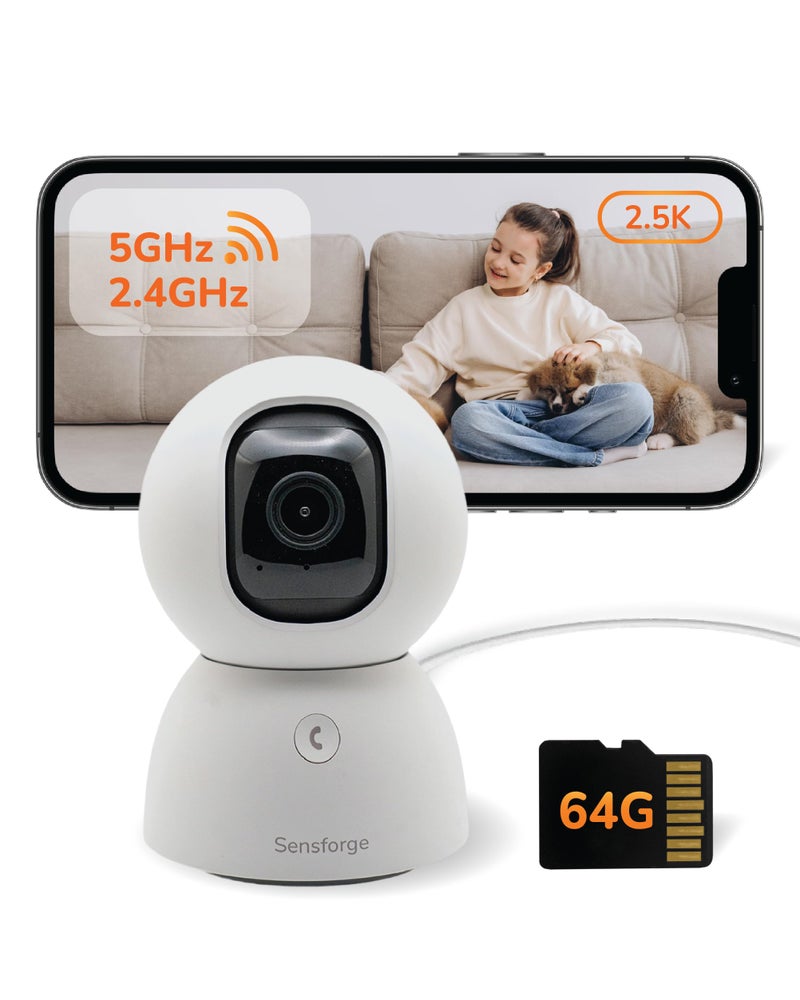 Sensforge 2.5K Indoor Pan-Tilt Dome Security Camera, AI Human & Pet Detection, 360Â° Coverage, Two-Way Audio, Dual-Band Wi-Fi (2.4G/5G), 64GB SD Card Included, No Monthly Fees (1, White) - Image 1