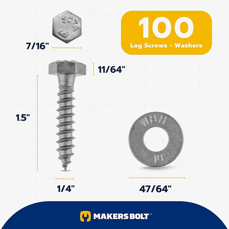 MAKERS BOLT 1/4 x 1-1/2 (100 Pack) Lag Screw Kit, 100 Screws and 100 washers, Hot Dip Galvanized, Meets ASME B18.2.1 Industrial/Commercial Grade by Makers Bolt - Image 2