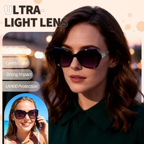 HEQU 4 Pcs Women Large Sunglasses, UV 400 Glasses Oversized Polarized Sunglasses Classic Trend Ladies Sunglasses Sparkling Rhinestone Large Frame Sunglasses for Women, black/purple/brown/clear - Image 5