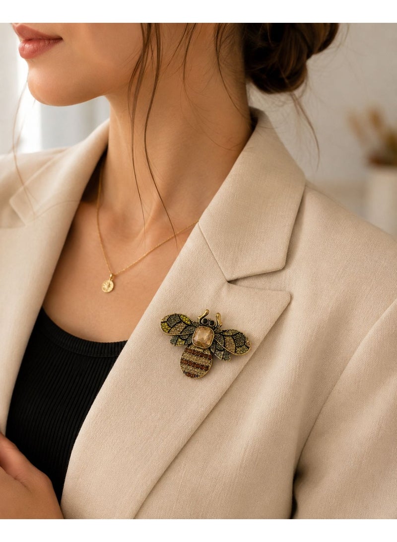 Gold Tone Stainless Steel Bee Brooch for Women, Amber Color Crystal Center with Sparkling Zircon Stones, Elegant Insect Lapel Pin Fashion Jewelry - Image 2