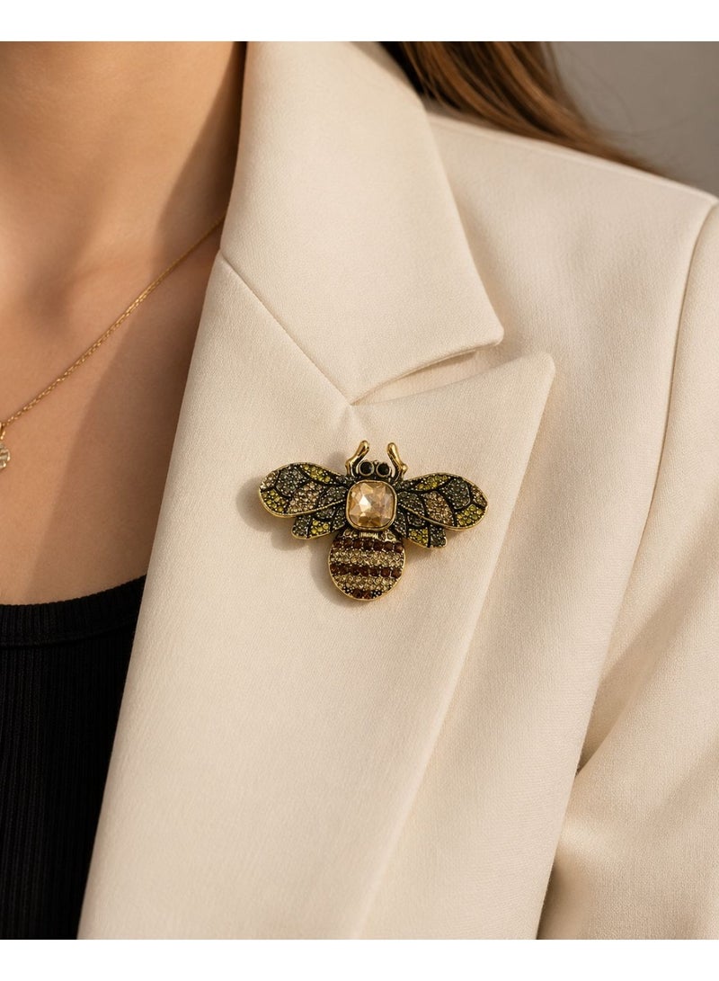 Gold Tone Stainless Steel Bee Brooch for Women, Amber Color Crystal Center with Sparkling Zircon Stones, Elegant Insect Lapel Pin Fashion Jewelry - Image 1